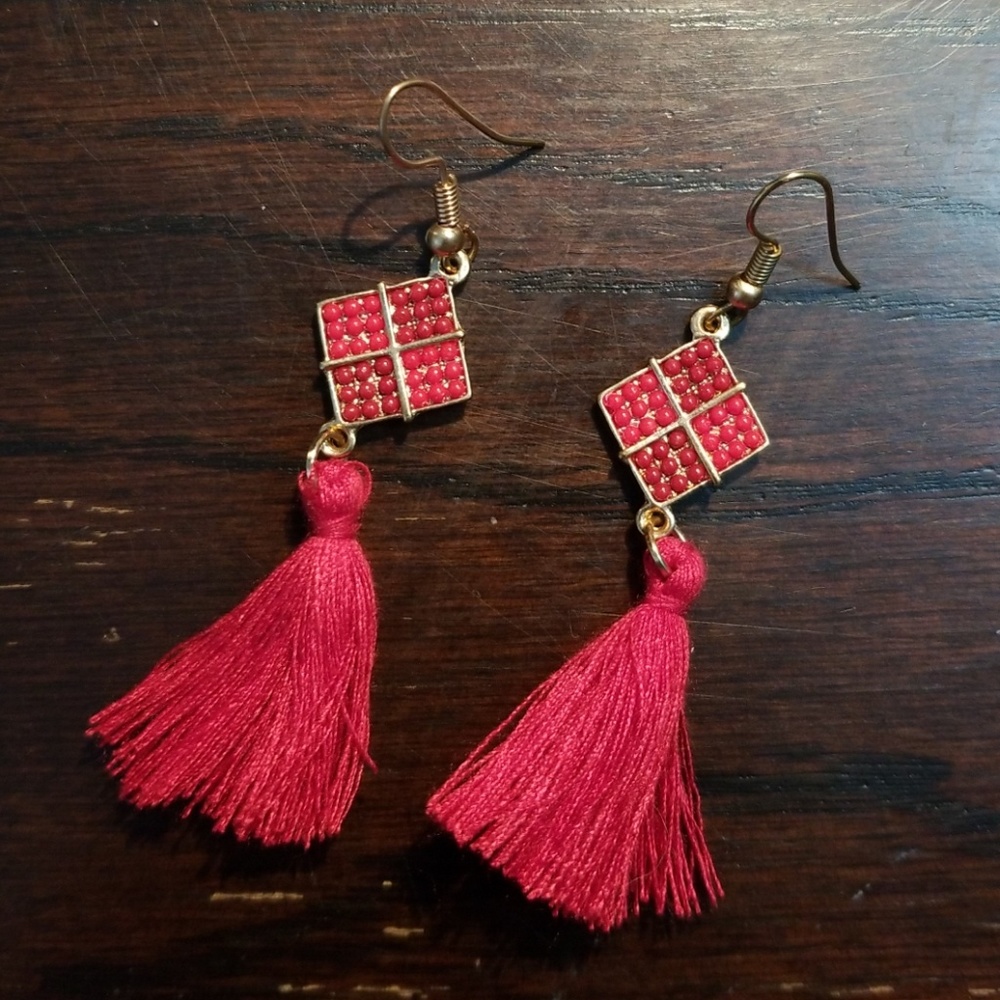 2/$15 - NWOT Handmade Red Gold Tassel Dangle Earrings